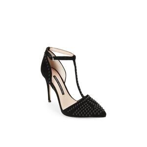 NEW French Connection Size 9 M Elanah Black Suede T-Strap Pointed Studded Heels